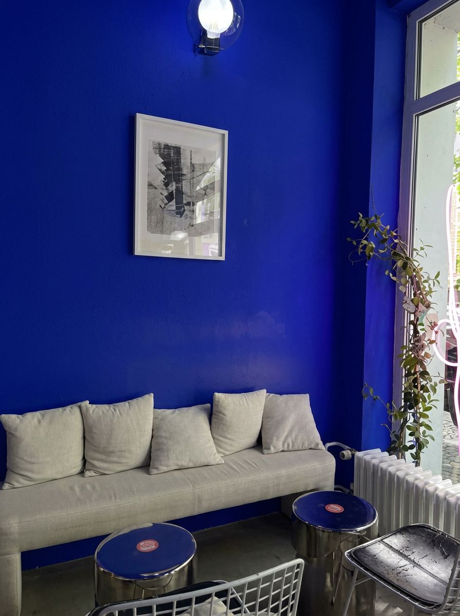 Cozy bench in the blue interior