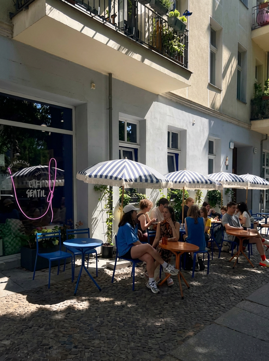 Busy café terrace under striped parasols